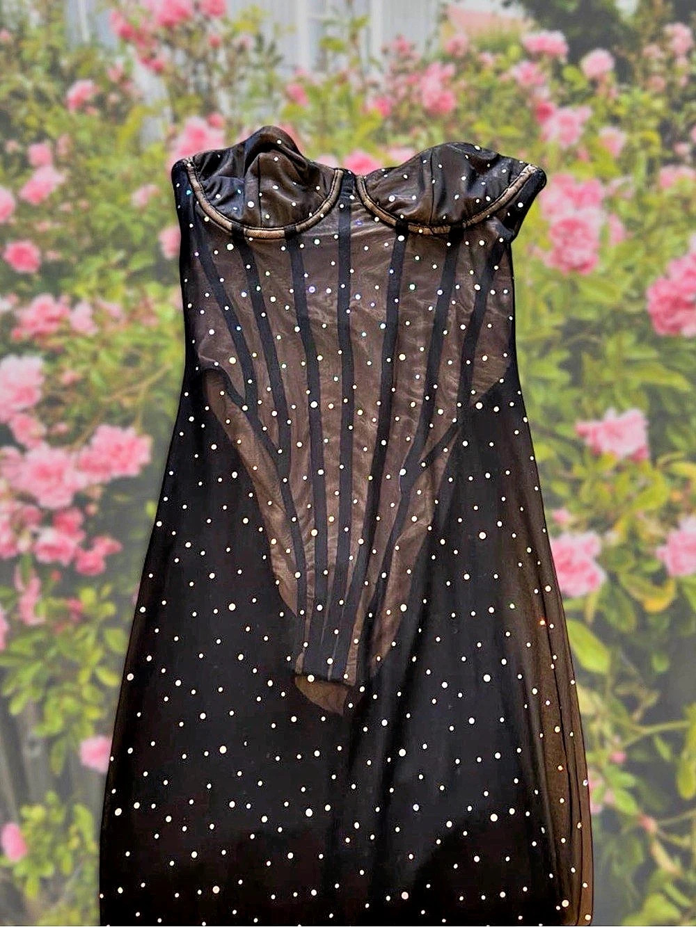 Corset Rhinestone Mesh Gown Black Maxi Dress